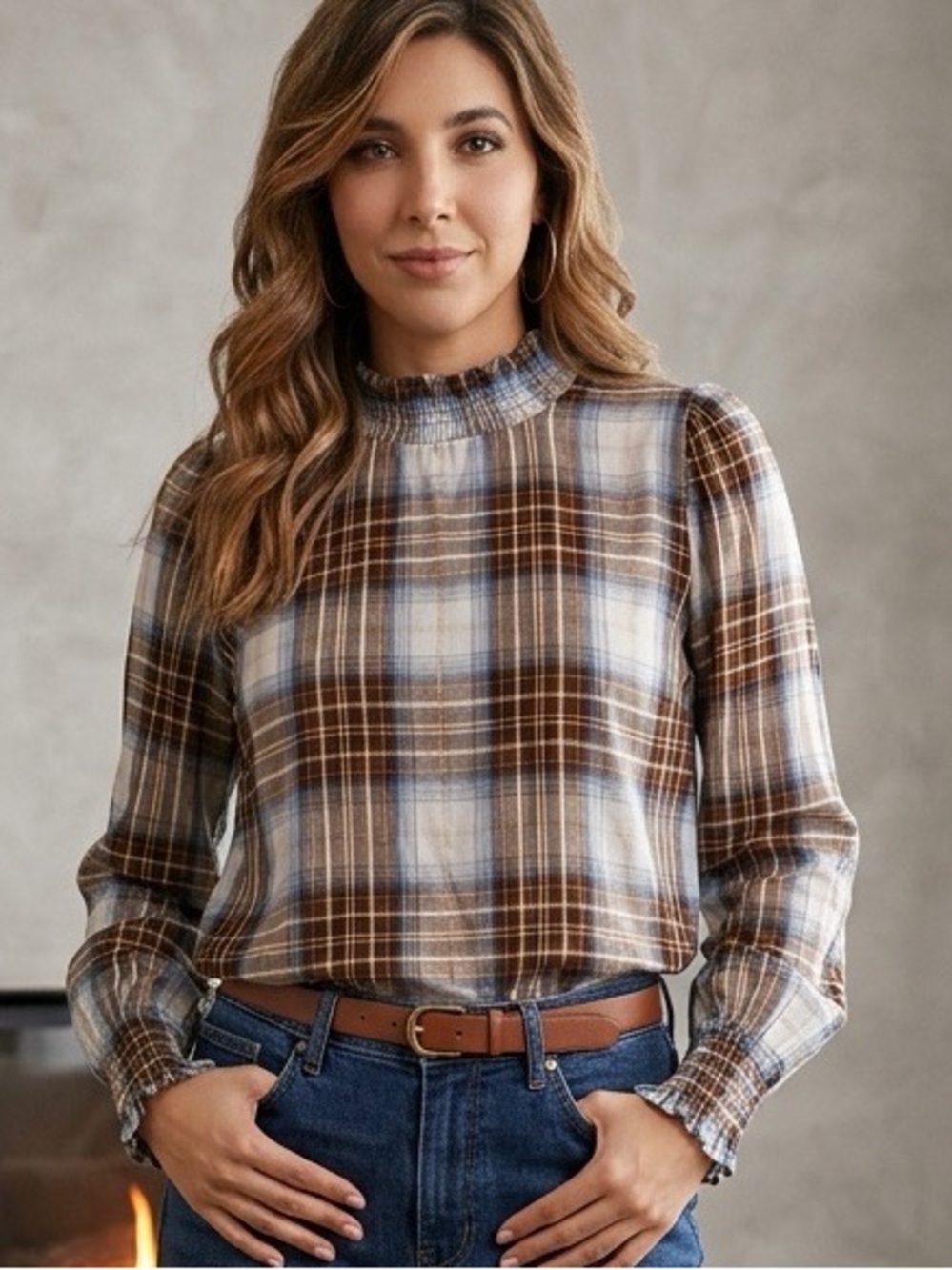 Ann Taylor Factory Plaid Mock Neck Smocked Blouse Brown Blue Size Medium